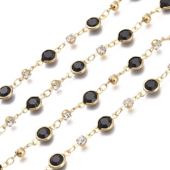 Черный Латунные соединительные цепи ручной работы, С граненым стеклом, горный хрусталь и шпуля, пайки, долговечный, плоско-круглые, золотые, чёрные, стеклянные звенья: 13x6.5x3 мм, горный хрусталь ссылки: 8x4x3.5мм, ссылка: 4.5x2.5x0.4 mm, около 32.8 футов (10 м) / рулон