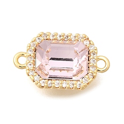 Pink Подвески-коннекторы из латуни с микропаве из прозрачного кубического циркония и стекла, прямоугольник ссылки, реальный 18 k позолоченный, розовые, 15x9x5 мм, отверстие : 1.2 мм.