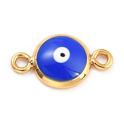 Синий Позолоченные латунные эмалевые соединители звеньев, долговечный, плоские круглые с сглаза, синие, 14x8x2 мм, отверстие : 1.4 мм