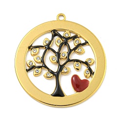Черный Ионное покрытие (ip) 304 подвески из нержавеющей стали со стразами, с эмалью, реальный 18 k позолоченный, плоский круглый с подвеской в виде дерева, чёрные, 39x35x2 мм, отверстие : 2 мм