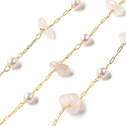 Розовый Кварц Цепочки из бисера ручной работы из натурального розового кварца, пайки, с бусинами из АБС-пластика и фурнитурой из латуни с покрытием из стойки, долговечный, без свинца и без кадмия, с катушкой, реальный 18 k позолоченный, 5~10x3~6x2.5~6 мм