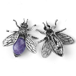 Аметист Брошь пчелы из натурального аметиста, брошь в форме насекомого из сплава со стразами, античное серебро, 48x40 мм