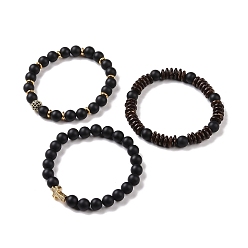 Black Agate 3Pcs Natural Black Agate(Dyed) and Coconut Beads Stretch Bracelets Set, Cross & Round Brass Micro Pave Cubic Zirconia Jewelry for Women Men, Inner Diameter: 2-1/8 inch(5.3cm)