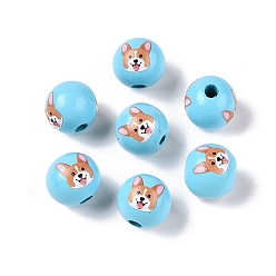 Light Sky Blue Wood European Beads, Round with Dog Pattern, Light Sky Blue, 16x15mm, Hole: 4.5mm