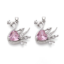 Pink Латунные микро проложить кубического циркония подвески, без кадмия, без никеля и без свинца, лебедь, платина, розовые, 23.5x23x6.5 мм, отверстие : 4x2.5 мм