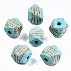 Голубой Расписные бусы из натурального дерева, лазерная гравировка, граненые, многоугольник с полосой зебры, голубой, 10x10x10 мм, отверстие : 2.5 мм