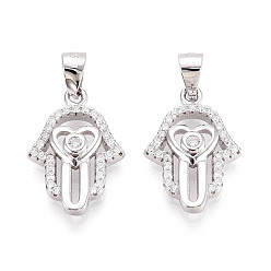 Платина 925 подвески в форме сердца с хамсой из стерлингового серебра с микропаве из прозрачных кубических цирконий, с защелкивающимися скобами и 925 штампом, родий, платина, 19x13x3.5 мм, отверстие : 5x3.5 мм