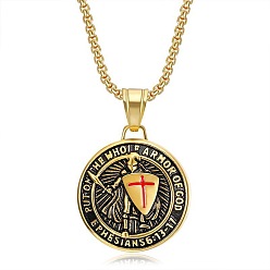 Or Antique Viking 304 Colliers pendentifs médaille de chevalier en acier inoxydable représentant l'armure de Dieu pour hommes, Or antique, 23.62 pouce (60 cm)
