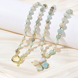 Flower Amazonite Collares redondos con colgante de trébol de amazonita, flor natural, con cuentas y cierres de corazón de brall, ideales para el Día de San Patricio., dorado, 30.51~31.69 pulgada (77.5~80.5 cm)