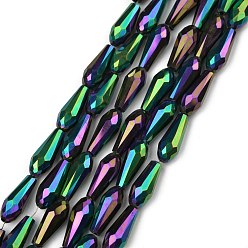 Grün überzogen Galvanisieren Glasperlen, halb plattiert, facettiert, Träne, Grün überzogen, 15x6 mm, Bohrung: 1 mm, ca. 50 Stk. / Strang, 28.3 Zoll (72 cm)