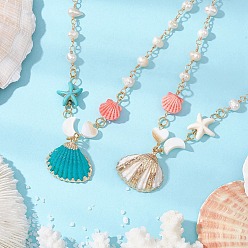 (52) Непрозрачная лаванда 2 шт. 2 цвета летние краска-спрей и гальванопокрытие морские ракушки подвески ожерелья, Ожерелья из бисера ручной работы из латуни и натурального пресноводного жемчуга для женщин, золотые, разноцветные, 15.98 дюйм (40.6 см), 1 шт / цвет