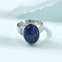 Lapis Lazuli Adjustable 304 Stainless Steel Finger Rings for Women, with Natural Lapis Lazuli, Oval, Stainless Steel Color, 17mm