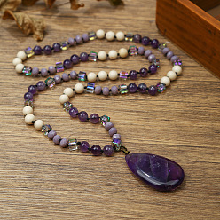 Аметист Натуральный аметист плоская каплевидная подвеска круглые камни и кубические стеклянные бусины длинные ожерелья для женщин, 29.92 дюйм (76 см)