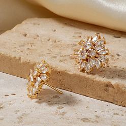 Золотой Серьги-гвоздики из латуни со стразами, цветок, золотые, 18x17 мм