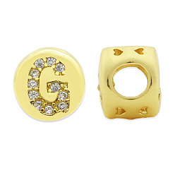 Letter G Brass Micro Pave Clear Cubic Zirconia Beads, Flat Round with Letter, Letter.G, 7.5x6.5mm, Hole: 3.5mm, 3pcs/bag