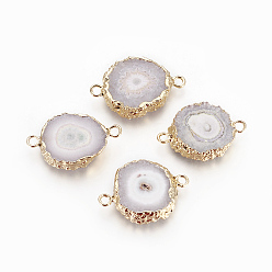 Гейнсборо Соединители звеньев естественного окрашенного кварца, с латунной фурнитурой , плоско-круглые, золотые, светло-серые, 24.5~33x16~23x4~6 мм, отверстие : 2~2.5 мм
