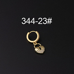 Сердце Серьги-кольца с микропаве из латуни и прозрачным кубическим цирконием для крепления на хрящ, золотые, сердце, 35x9 мм