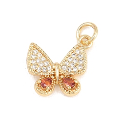 Бабочка Латунные подвески с микропаве из оранжевого кубического циркония, долговечный, стойки покрытие, без свинца и без кадмия, реальный 18 k позолоченный, бабочка, 13x14.5x3.5 мм, отверстие : 3.5 мм
