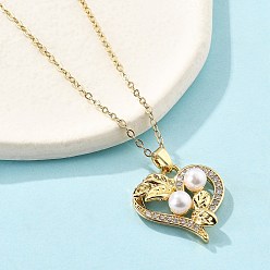 Золотой Латунный микропаве прозрачный кубический цирконий сердце с листом кулон ожерелья для женщин, с 304 цепью из нержавеющей стали и пластиковой имитацией жемчуга, ионное покрытие (ip), золотые, 15.75 дюйм (40 см)
