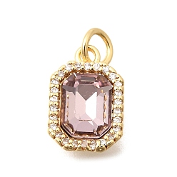 Розовый Латунь стекло кулоны, прямоугольный шарм, с кубическим цирконием и прыгающим кольцом, граненые, реальный 18 k позолоченный, туманная роза, 13.5x9x5 мм, отверстие : 3 мм