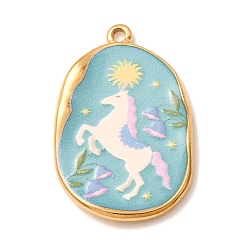 Horse Printed 304 Stainless Steel Enamel Pendants, Oval Charms, Golden, Horse Charms, 33.5x22x3mm, Hole: 2mm
