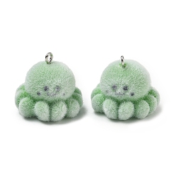 Осьминог Флокированные подвески из непрозрачной смолы, с платиновыми тоновыми железными петлями, очарование животных, зеленый лайм, осьминог, 22x24x21.5 мм, отверстие : 2 мм