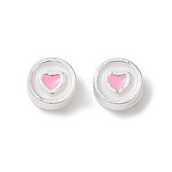 Pink Silver Tone Alloy Enamel Beads, Flat Round with Heart Pattern, Pink, 5x3mm, Hole: 1.2mm