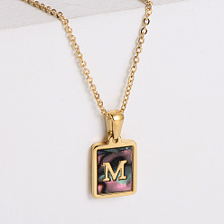 Letter M 304 ожерелья с прямоугольной подвеской из натуральной ракушки пауа из нержавеющей стали для женщин, реальный 18 k позолоченный, Буква М, 17.72 дюйм (45 см)