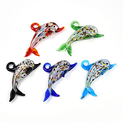 (52) Непрозрачная лаванда Ручной серебряная фольга Lampwork большие кулоны, прелести дельфинов, разноцветные, 45~49x65~68x9~11 мм, отверстие : 5~6x5~6 мм