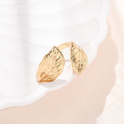Golden 304 Stainless Steel Cuff Open Rings, Leaf, Ion Plating(IP), Golden, US Size 8 1/2(18.5mm)