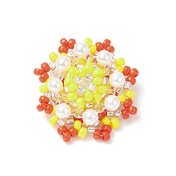 Yellow Seed Beads Beaded Charms, Flower Pendants, with Shell Pearl Beads, Yellow, 21x21x8.5mm, Hole: 0.8mm