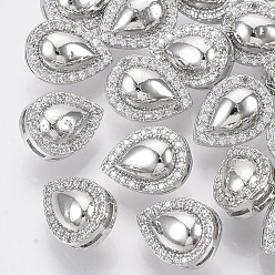 Platinum Brass Shank Buttons, with Micro Pave Cubic Zirconia, Teardrop, Clear, Platinum, 12.5x9x8mm, Hole: 1.4mm