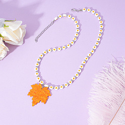 Оранжевый Подвеска в виде кленового листа из сплава и акрила, бусы в форме сердца, посвященные Дню благодарения, для женщин., платина, оранжевые, 17.72 дюйм (45 см), подвеска: 45x40 мм.