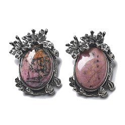 Родонит Природные подвески родонит, овальные подвески с латунными листьями, античное серебро, без свинца и без кадмия, 28x21x9 мм, отверстие : 6.5x3 мм