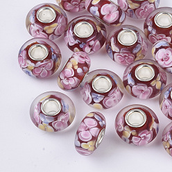 Colorful Handmade Lampwork European Beads, Inner Flower, Large Hole Beads, with Silver Color Plated Brass Single Cores, Rondelle, Colorful, 14x7.5mm, Hole: 4mm