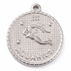 Aquarius 304 Stainless Steel Pendants, Flat Round with Constellation, Aquarius, 29x26x3mm, Hole: 2mm