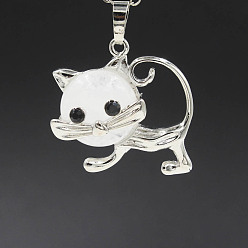 Quartz Crystal Natural Quartz Crystal Pendants, with Platinum Plated Brass Findings, Cat Shape Charms, 35x29x10mm