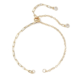 Золотой Изготовление слайдера для браслета-цепочки из латунной скрепки, с подвесками на концах из латунного паве из прозрачных кубических цирконий, золотые, 10.24 дюйм (26 см), Перейти кольцо: 4x0.8 мм, 2.5 мм внутренним диаметром