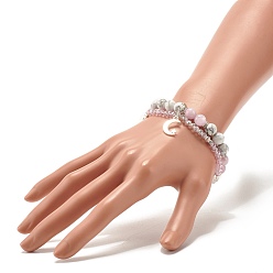 Kunzite Moon and Star Charm Multi-strand Bracelet, Natural Howlite & Kunzite Round Beads Bracelet, Sparkling Glass Beads Bracelet for Girl Women, Inner Diameter: 2-1/8 inch(5.4cm)