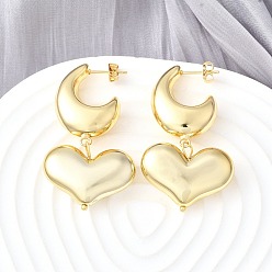 Настоящее золото 18K Латунные качают серьги, луна с сердцем, реальный 18 k позолоченный, 50x28 мм
