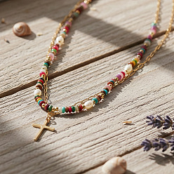 Разноцветный Регулируемый крестик из нержавеющей стали, подвеска из искусственного жемчуга и стеклянных бусин, двухслойное ожерелье для женщин., золотые, красочный, 16.54 дюйм (42 см) и 17.72 дюйм (45 см), 2 шт / комплект