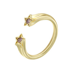 Pink Латунные микропаве кубические цирконии манжеты открытые кольца для женщин, звезда, золотые, розовые, 17 мм