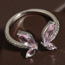 Бледно-Розовый Кольца-манжеты из латуни с микропаве из кубического циркония в виде бабочки, платина, розовый жемчуг, 11 мм, внутренний диаметр: 17~19 мм