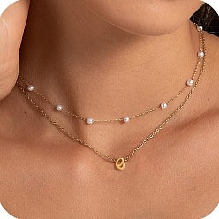 Letter E 2 шт. 304 двухслойные ожерелья с подвеской в виде буквы из нержавеющей стали и белого пластика с имитацией жемчуга, золотые, Письмо E, 17.72 дюйм (45 см)