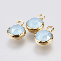 Небесно-голубой K 9 стеклянные подвески, с 304 фурнитурой из нержавеющей стали, ионное покрытие (ip), граненые, плоско-круглые, золотые, голубой, 13.5x10x6 мм, отверстие : 2.5 мм