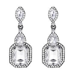 Прозрачный Латунные горный хрусталь болтаться серьги, со стеклом, прямоугольные, цвет нержавеющей стали, прозрачные, 60x23 мм