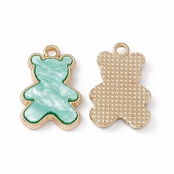 Средний Аквамарин Непрозрачные подвески смолы, нести прелести, с выводами светло-золотой тон сплава, средний аквамарин, 20.5x14x2.5 мм, отверстие : 2 мм