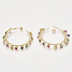 Real 18K Gold Plated Brass Dangle Stud Earrings, with Colorful Cubic Zirconia and Earring Backs, Square, Real 16K Gold Plated, 48.5x46mm, Pin: 0.8mm