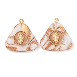 Белый 304 подвески из нержавеющей стали смолы, треугольник с амулетом Девы Марии, с эмалью, золотые, белые, 30x28x6.5 мм, отверстие : 2 мм