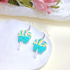 Голубой Сплав полимерной глины болтаться серьги, леденец, платина, голубой, 65x25 мм